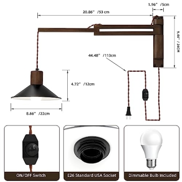 Vintage Wood Plug in Wall Sconce with Dimmable Switch - Ideal Gift