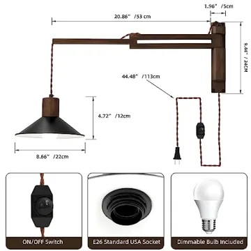 Vintage Wood Plug in Wall Sconce with Dimmable Switch - Ideal Gift