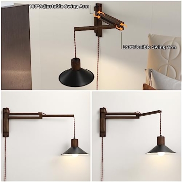 Vintage Wood Plug in Wall Sconce with Dimmable Switch - Ideal Gift