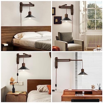 Vintage Wood Plug in Wall Sconce with Dimmable Switch - Ideal Gift