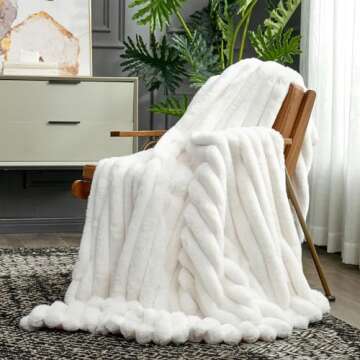 Cozy Bliss Faux Fur Throw Blanket for Couch, Cozy Warm Plush Striped Blanket for Sofa Bedroom Living Room, 50 * 60 Inches Cream White