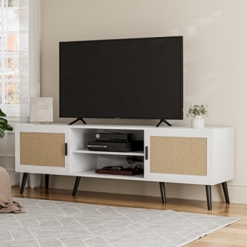 ZttRiee TV Stand for TVs up to 65'', Mid Century Modern Entertainment Center with Rattan Door, Shelves & 2 Cabinets, Boho Media TV Console for Living Room, Bedroom, White