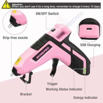 WORKPRO Cordless Hot Melt Glue Gun, Rechargeable Fast Preheating Mini Glue Gun Kit with 20 Pcs Premium Glue Sticks, Automatic-Power-Off Glue Gun for Art, Crafts, Decorations, Fast Repairs, Pink Ribbon
