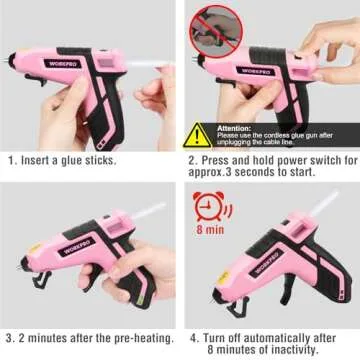 WORKPRO Cordless Hot Melt Glue Gun, Rechargeable Fast Preheating Mini Glue Gun Kit with 20 Pcs Premium Glue Sticks, Automatic-Power-Off Glue Gun for Art, Crafts, Decorations, Fast Repairs, Pink Ribbon