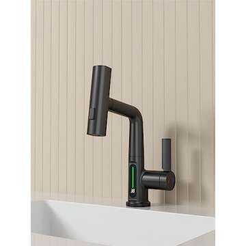 Weirun Bathroom Single Handle Basin Sink Pull Out Faucet with Rainfall Spray Head Temperature Digital Display Vanity Mixer Tap Matte Black