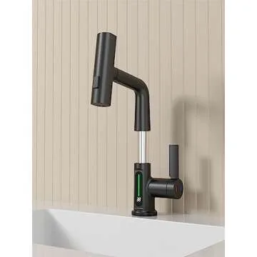 Weirun Bathroom Single Handle Basin Sink Pull Out Faucet with Rainfall Spray Head Temperature Digital Display Vanity Mixer Tap Matte Black