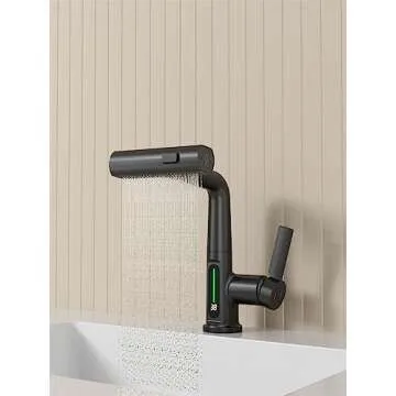Weirun Bathroom Single Handle Basin Sink Pull Out Faucet with Rainfall Spray Head Temperature Digital Display Vanity Mixer Tap Matte Black