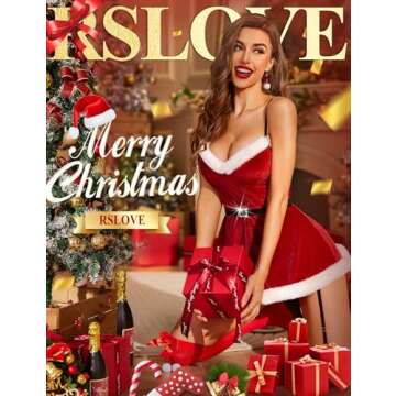 RSLOVE Sexy Christmas Lingerie For Women Santa Babydoll Chemise Red Costume with 4PCS Garters Belt R...