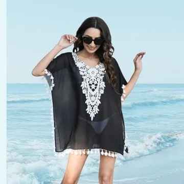 Women's Black Chiffon Swimsuit Cover Up with Tassels