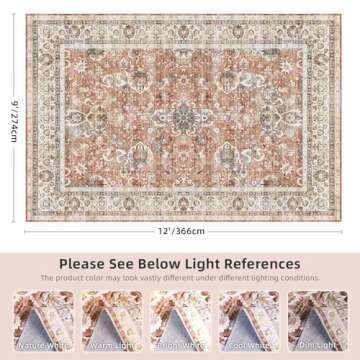 Deerly 9x12 Rugs for Bedroom, Vintage Washable Rugs Non Slip Large Area Rug for Living Room Dining R...