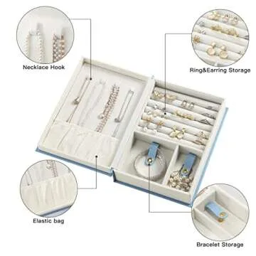 CASEGRACE Jewelry Box Organizer PU Leather Diary Jewelry Box with Magic Book Design Jewelry Case for Earrings Bracelet Necklace Rings Storage for Women, Blue