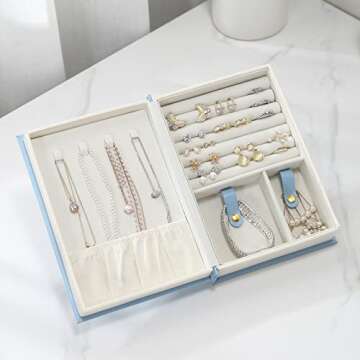 CASEGRACE Jewelry Box Organizer PU Leather Diary Jewelry Box with Magic Book Design Jewelry Case for Earrings Bracelet Necklace Rings Storage for Women, Blue