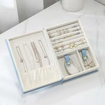 CASEGRACE Jewelry Box Organizer PU Leather Diary Jewelry Box with Magic Book Design Jewelry Case for Earrings Bracelet Necklace Rings Storage for Women, Blue