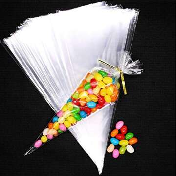 Muyindo 100 Pieces (5x10 Inch) Clear Bags Cone Bag Cello Bags Popcorn Bags Triangle Goody Bags with Twist Ties for Candies Handmade Cookies Bags