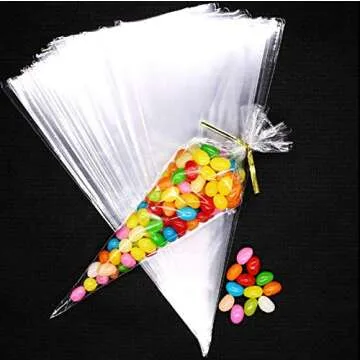Muyindo 100 Pieces (5x10 Inch) Clear Bags Cone Bag Cello Bags Popcorn Bags Triangle Goody Bags with Twist Ties for Candies Handmade Cookies Bags