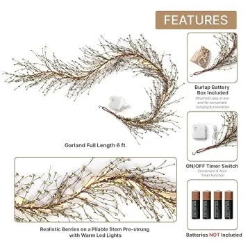 LampLust Lighted Garland, 6 Ft Green Berry Garland, Valentines Day Garland, 100 LED Lights, Winter Garland for Mantle All Year Round, Battery Powered, Timer Included, Farmhouse Decor, Valentines Decor