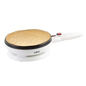 Salton Cordless Electric Crepe Maker With Bonus Batter Dish and Spatula with Non-Stick Cooking Surface, Automatic Temperature Control for 7.5" Crepes and Tortillas, Recipes Included, White (CM1337)