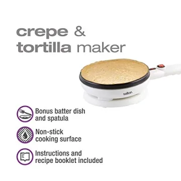 Salton Cordless Electric Crepe Maker With Bonus Batter Dish and Spatula with Non-Stick Cooking Surface, Automatic Temperature Control for 7.5" Crepes and Tortillas, Recipes Included, White (CM1337)