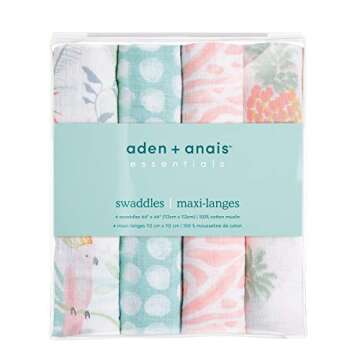 aden + anais Essentials Swaddle Blanket, Boutique Muslin Blankets for Girls & Boys, Baby Receiving Swaddles, Ideal Newborn & Infant Swaddling Set, Perfect Shower Gifts, 4 Pack, Tropicalia