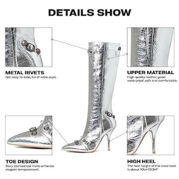 VOMIRA Knee High Boots for Women Stiletto Boots Pointed Toe High Heels Rivets Tassels Boots Fashion Party Dressy Boots with Zipper Metallic Silver Boots