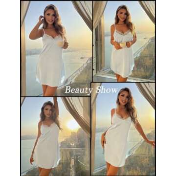 Avidlove Women's Nightwear Sexy Satin Sleepwear Lace Chemises Mini Full Slip White Small