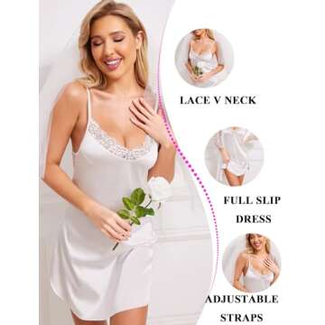 Avidlove Women's Nightwear Sexy Satin Sleepwear Lace Chemises Mini Full Slip White Small