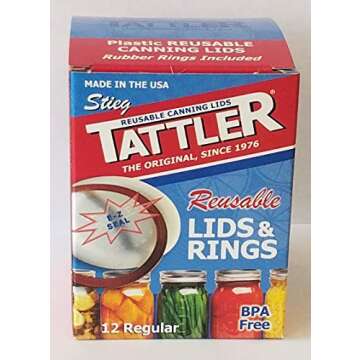 Authentic Tattler E-Z Seal Reusable Canning Lids - REGULAR Mouth - 1 Dozen (12) Plastic Lid/Rubber R...