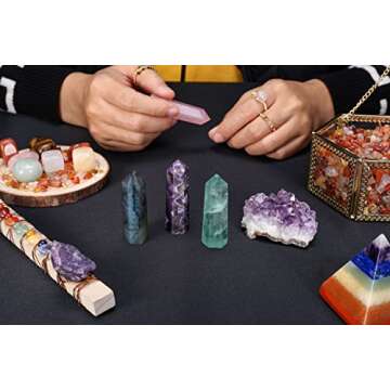 Jovivi Healing Crystal Wands Set, 3pcs 2"-2.4" Amethyst, Green Fluorite, Labradorite Crystal Points & Raw Amethyst Cluster Geode, Hexagonal Faceted Gemstone Wand Reiki Chakra Meditation Therapy
