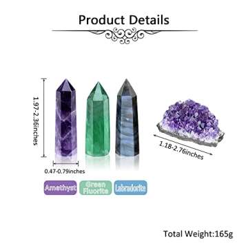 Jovivi Healing Crystal Wands Set, 3pcs 2"-2.4" Amethyst, Green Fluorite, Labradorite Crystal Points & Raw Amethyst Cluster Geode, Hexagonal Faceted Gemstone Wand Reiki Chakra Meditation Therapy