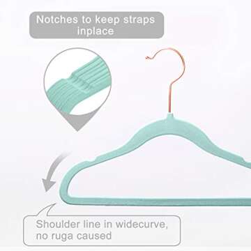 MIZGI Premium Kids Velvet Hangers (Pack of 50) with Copper/Rosegold Hooks,Space Saving Ultra Thin,Non Slip Baby Hangers for Children's Skirt Dress Pants,Clothes Hangers (Mint Green)