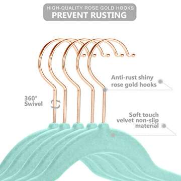 MIZGI Premium Kids Velvet Hangers (Pack of 50) with Copper/Rosegold Hooks,Space Saving Ultra Thin,Non Slip Baby Hangers for Children's Skirt Dress Pants,Clothes Hangers (Mint Green)
