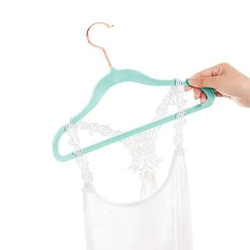 MIZGI Premium Kids Velvet Hangers (Pack of 50) with Copper/Rosegold Hooks,Space Saving Ultra Thin,Non Slip Baby Hangers for Children's Skirt Dress Pants,Clothes Hangers (Mint Green)