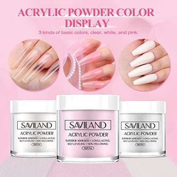 Saviland Acrylic Nail Kit: 0.5Oz Clear/White/Pink Acrylic Powder and Liquid Set with Nail Brush Nail...