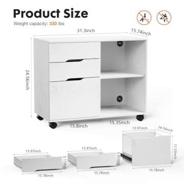 Sweetcrispy Filing Cabinet 3-Drawer File Cabinets Printer Stand for Home Office Mobile Vertical Stor...