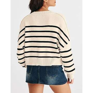 MEROKEETY Women's Long Sleeve Crew Neck Striped Crop Sweater Ribbed Knit Pullover Jumper Tops, Apricot, X-Large