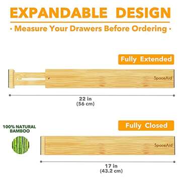 SpaceAid Bamboo Drawer Dividers with Labels, Kitchen Adjustable Drawer Organizers, Expandable Organization for Home, Office, Dressers and Bathroom, 6 Dividers (17-22 in)