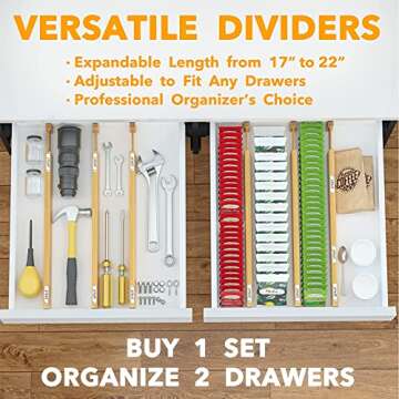 SpaceAid Bamboo Drawer Dividers with Labels, Kitchen Adjustable Drawer Organizers, Expandable Organization for Home, Office, Dressers and Bathroom, 6 Dividers (17-22 in)