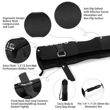 Gonex Barbell Pad Set for Squats Hip Thrusts Upgraded Bar Neck Pads Workout Foam Weightlifting Cushion with 2 Gym Ankle Straps Hip Resistance Band Fits Standard Olympic Bars with a Carry Bag