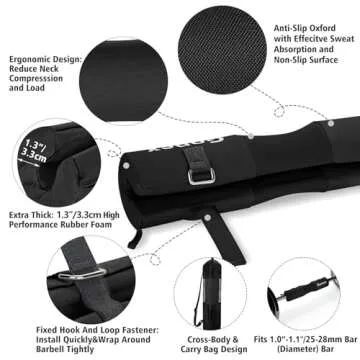 Gonex Barbell Pad Set for Squats Hip Thrusts Upgraded Bar Neck Pads Workout Foam Weightlifting Cushion with 2 Gym Ankle Straps Hip Resistance Band Fits Standard Olympic Bars with a Carry Bag