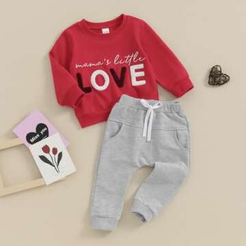 Toddler Baby Boy Valentines Day Outfit Infant Little Kids Long Sleeve Mama's Little Love Heart Sweatshirt Pants Set (Red, 2-3 Years)