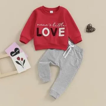 Toddler Baby Boy Valentines Day Outfit Infant Little Kids Long Sleeve Mama's Little Love Heart Sweatshirt Pants Set (Red, 2-3 Years)