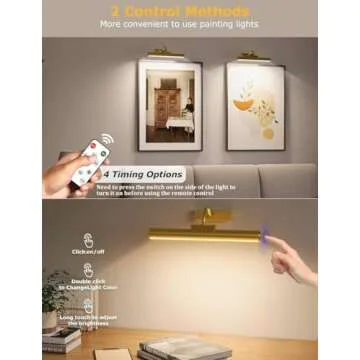 Picture Light Battery Operated, 13in Wireless Art Light for Paintings, Dimmable 5000mAh Recharging Battery Picture Light with Remote Control for Wall, Gallery Dartboard Art Bedroom (Gold-2Pack)