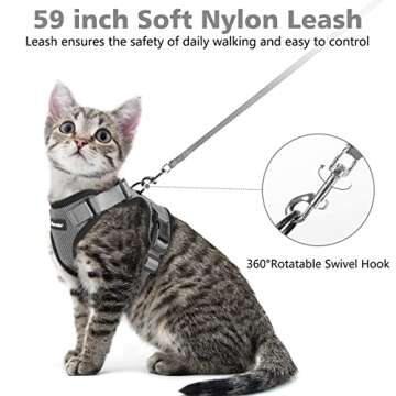 Dooradar Cat Harness and Leash Set, Escape Proof Safe Adjustable Kitten Vest Harnesses for Walking, Easy Control Soft Breathable Mesh Jacket with Reflective Strips for Cats, Grey, S