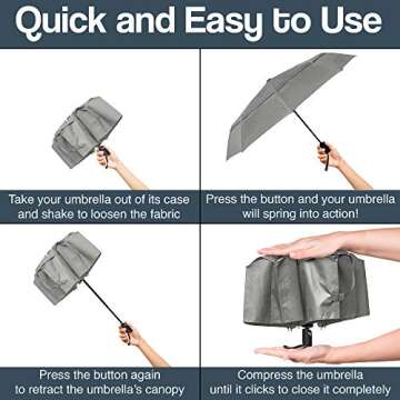 RainPlus Gray Windproof Travel Umbrella - Compact, Automatic, Folding and Portable - Umbrellas For Rain for Men and Women - Car, Backpack, Purse, Strong & Wind Resistant