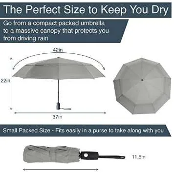 RainPlus Gray Windproof Travel Umbrella - Compact, Automatic, Folding and Portable - Umbrellas For Rain for Men and Women - Car, Backpack, Purse, Strong & Wind Resistant