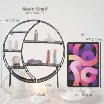 Apresolar Moon Shelf for Crystals - Circle Shelf Wall Decor for Wall and Countertop - Crystal Shelf Display for Stones, Essential Oil, Pendulum - Boho Hanging Moon Shelves (Retro Black)