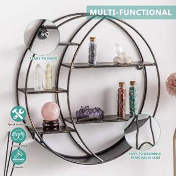 Apresolar Moon Shelf for Crystals - Circle Shelf Wall Decor for Wall and Countertop - Crystal Shelf Display for Stones, Essential Oil, Pendulum - Boho Hanging Moon Shelves (Retro Black)