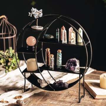 Apresolar Moon Shelf for Crystals - Circle Shelf Wall Decor for Wall and Countertop - Crystal Shelf Display for Stones, Essential Oil, Pendulum - Boho Hanging Moon Shelves (Retro Black)