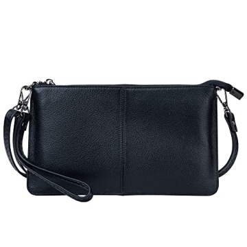 Bveyzi Women's Leather Wristlet Clutch - Small Crossbody Bag (Black)