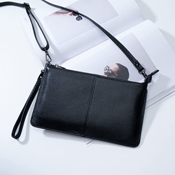 Bveyzi Black Leather Wristlet Clutch for Women